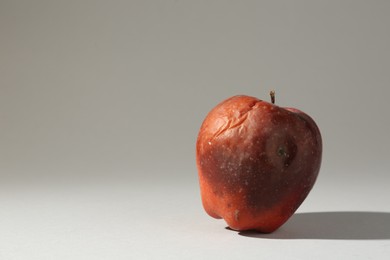 Photo of One rotten red apple on light grey background. Space for text