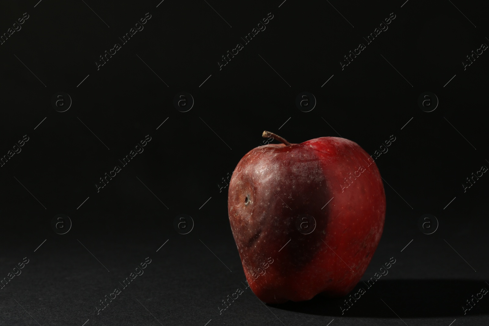 One rotten red apple on black background. Space for text Photo of One rotten red apple on black background. Space for text