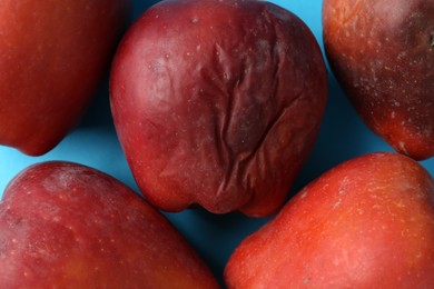 Photo of Damaged red apples on light blue background, closeup