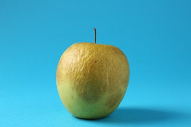 Photo of One rotten green apple on light blue background