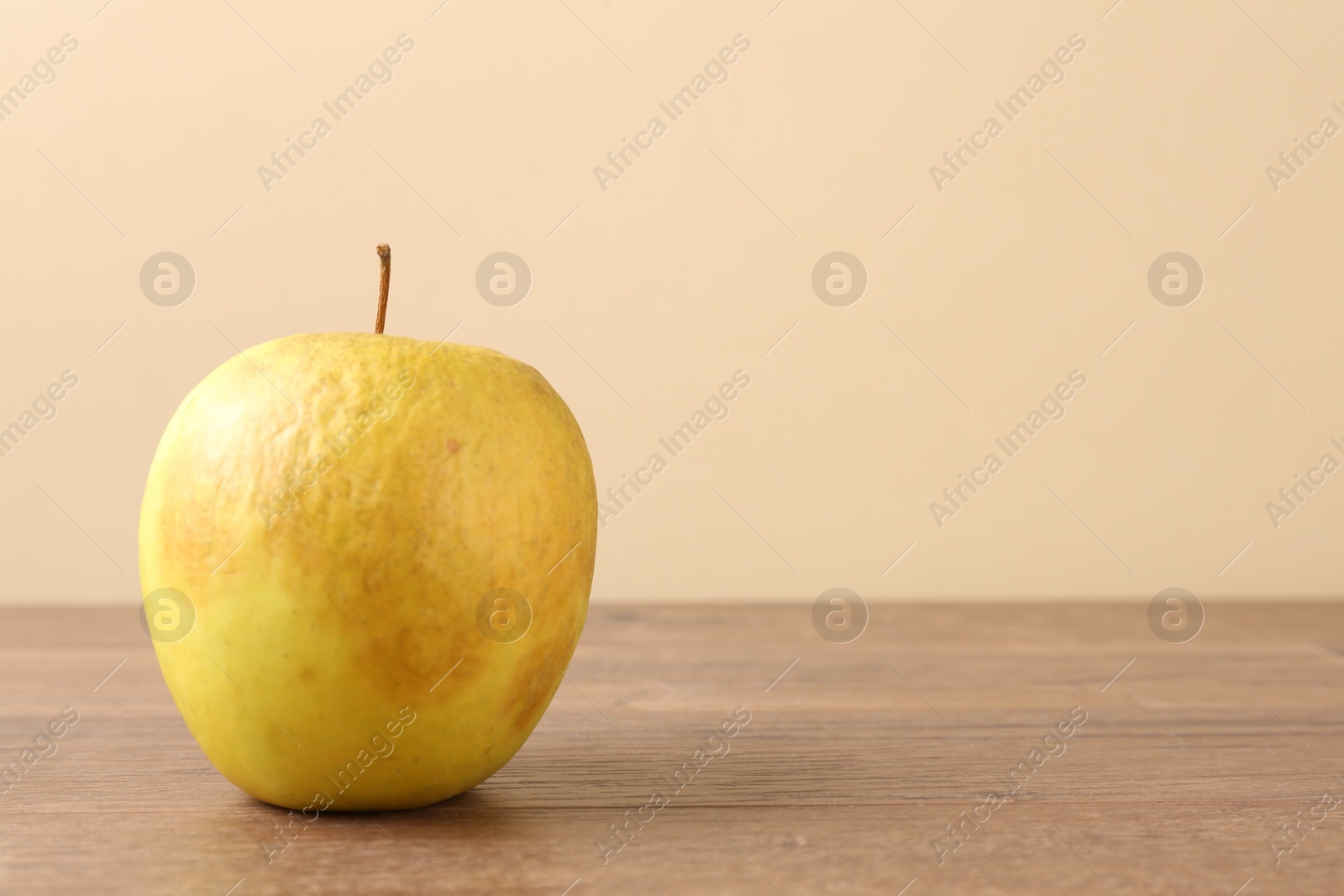 One rotten green apple on wooden table. Space for text Photo of One rotten green apple on wooden table. Space for text