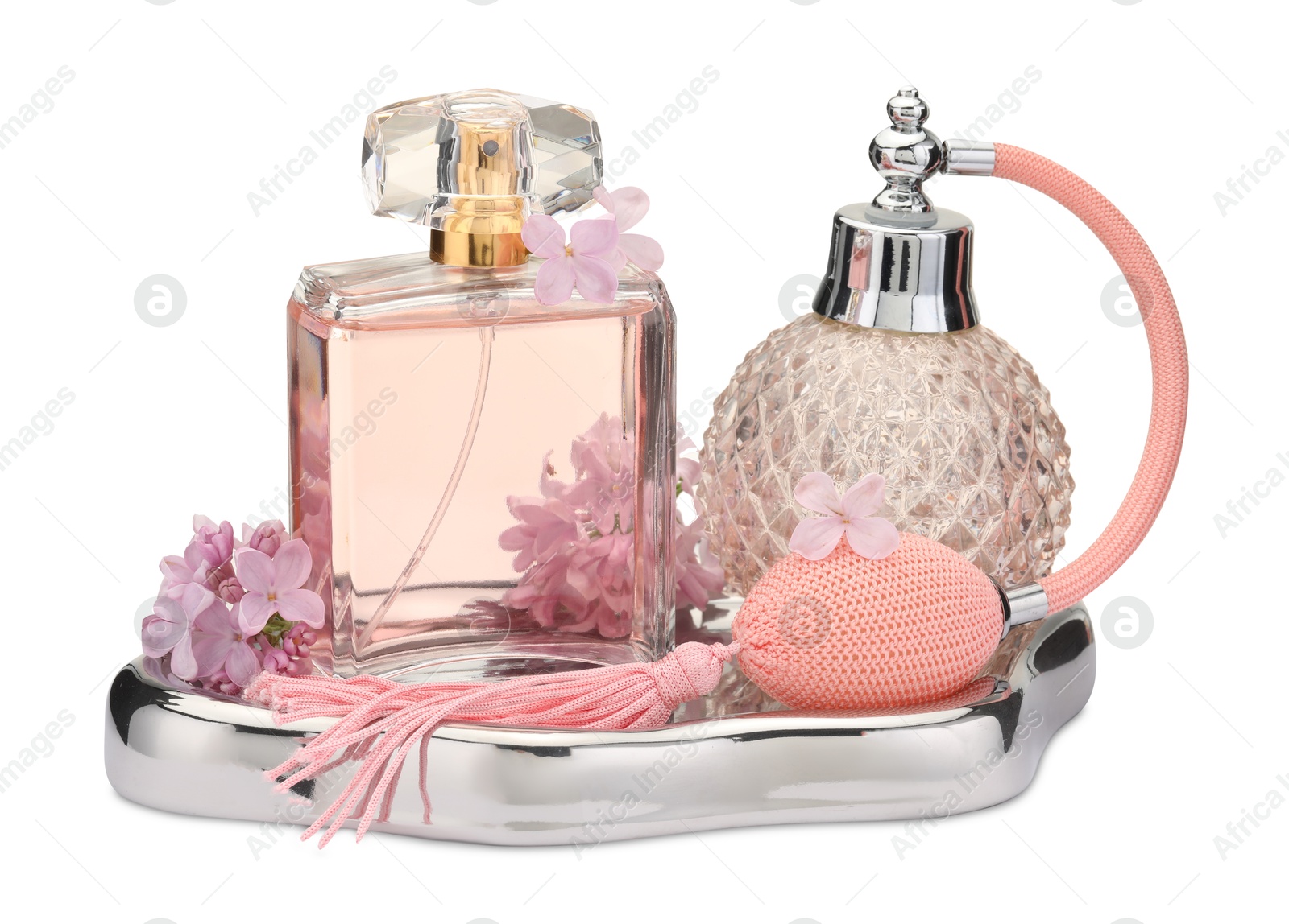 Luxury perfumes and beautiful lilac flowers isolated on white Photo of Luxury perfumes and beautiful lilac flowers isolated on white