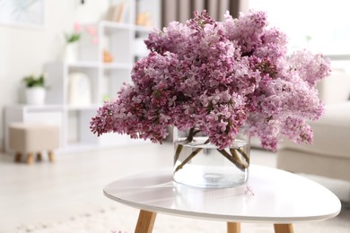 Photo of Beautiful lilac flowers in vase on table indoors, space for text