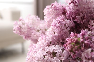 Photo of Beautiful lilac flowers on blurred background, closeup. Space for text