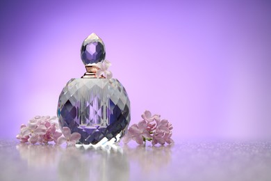 Photo of Beautiful lilac flowers and perfume on mirror surface against violet gradient background, space for text