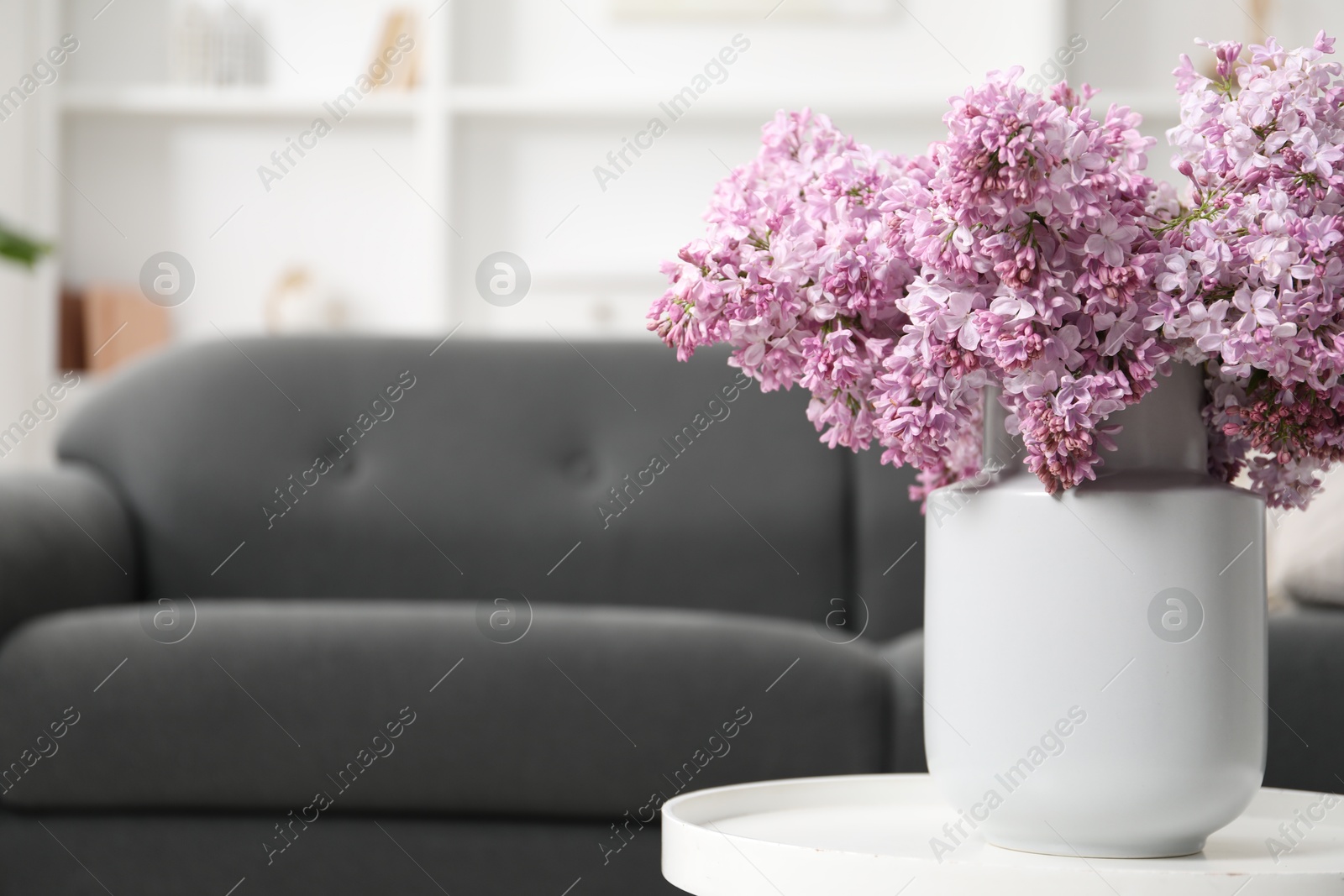 Beautiful lilac flowers in vase on table indoors, space for text Photo of Beautiful lilac flowers in vase on table indoors, space for text