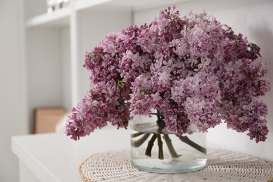 Photo of Beautiful lilac flowers in glass vase on cabinet indoors, closeup