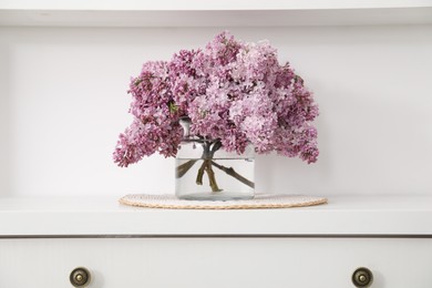 Photo of Beautiful lilac flowers in glass vase on cabinet indoors