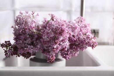Photo of Beautiful lilac flowers in kitchen sink indoors, closeup