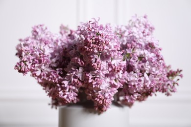 Photo of Beautiful lilac flowers in vase indoors, closeup