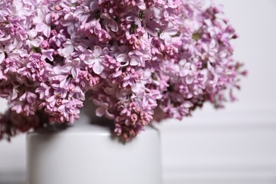 Photo of Beautiful lilac flowers in vase indoors, closeup