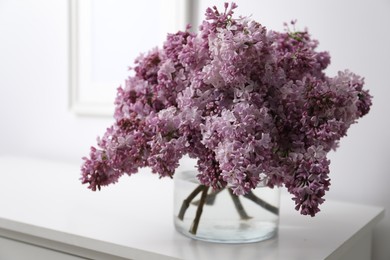 Photo of Beautiful lilac flowers in glass vase on cabinet indoors, closeup