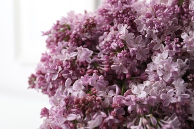 Photo of Beautiful lilac flowers on blurred background, closeup