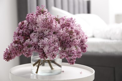 Photo of Beautiful lilac flowers in glass vase on table indoors, space for text