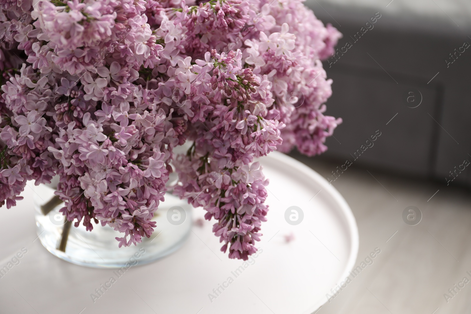 Beautiful lilac flowers in glass vase on table indoors, closeup. Space for text Photo of Beautiful lilac flowers in glass vase on table indoors, closeup. Space for text