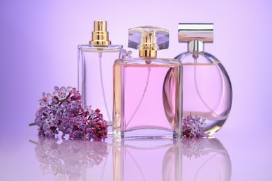 Photo of Bottles of perfume and lilac flowers on mirror surface against violet gradient background