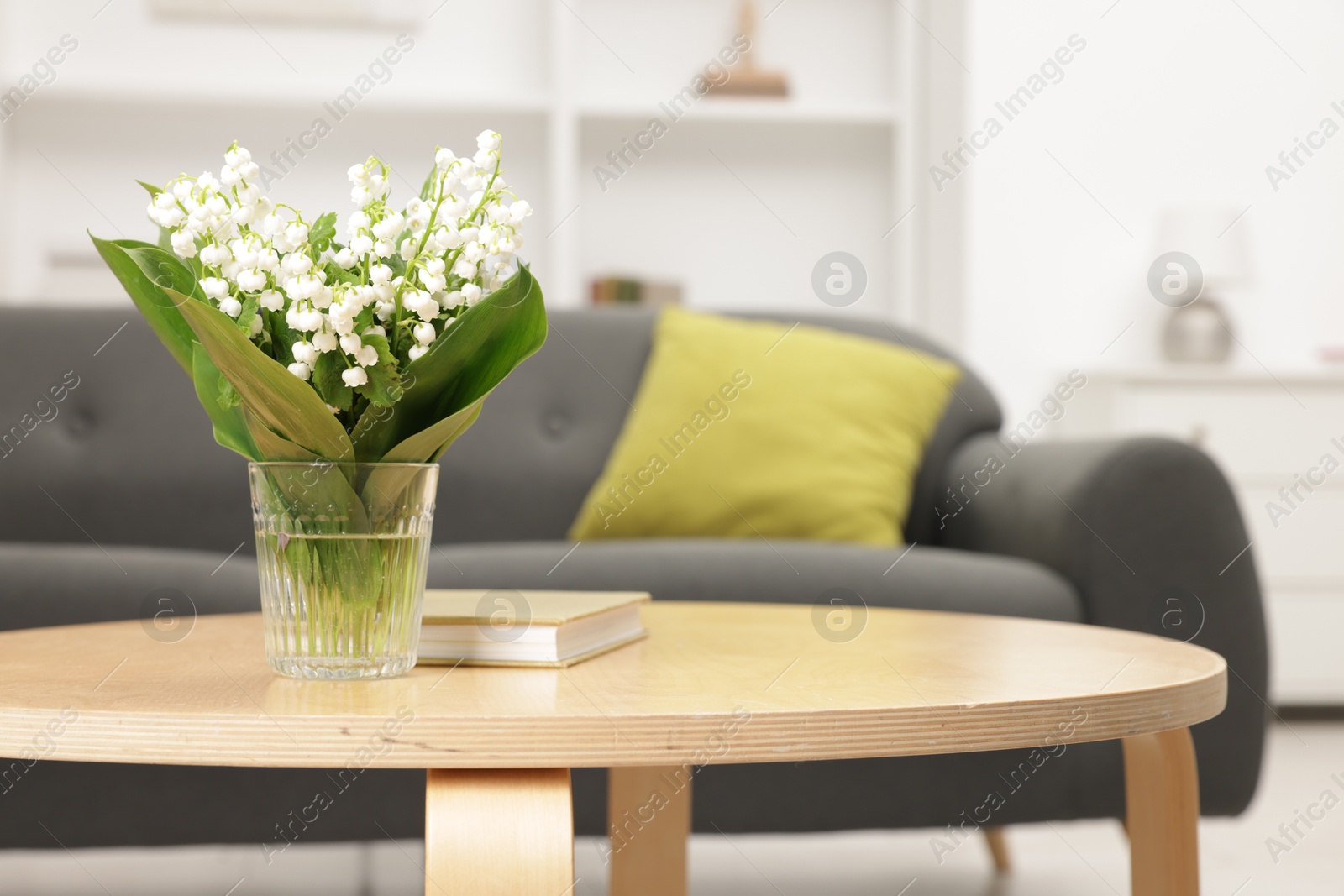 Bouquet of beautiful lily-of-the-valley on coffee table indoors. Space for text Photo of Bouquet of beautiful lily-of-the-valley on coffee table indoors. Space for text