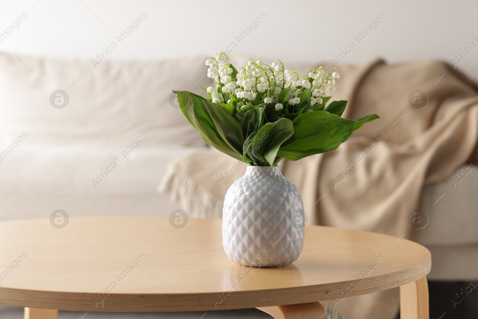 Bouquet of beautiful lily-of-the-valley in vase on coffee table indoors Photo of Bouquet of beautiful lily-of-the-valley in vase on coffee table indoors