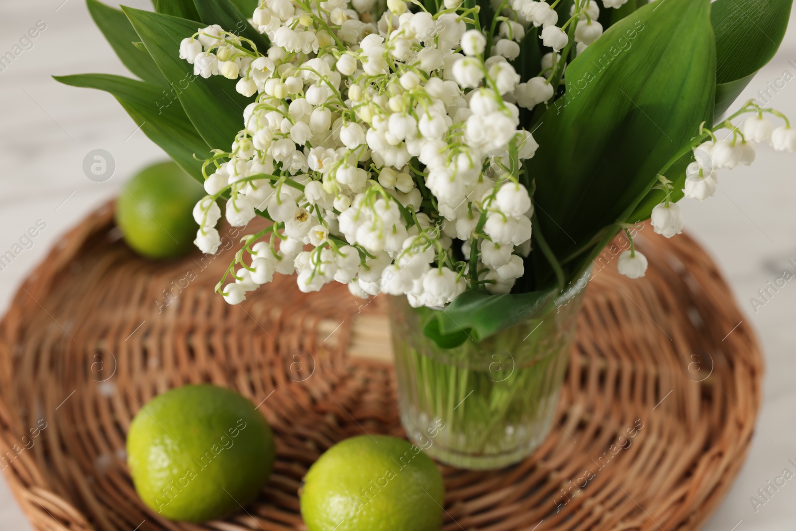 Bouquet of beautiful lily-of-the-valley and limes on white table, closeup Photo of Bouquet of beautiful lily-of-the-valley and limes on white table, closeup