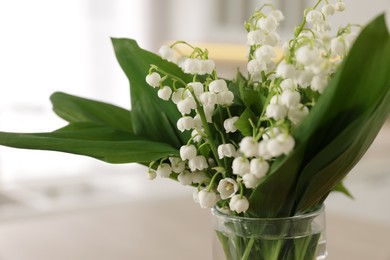 Photo of Bouquet of beautiful lily-of-the-valley at home, closeup