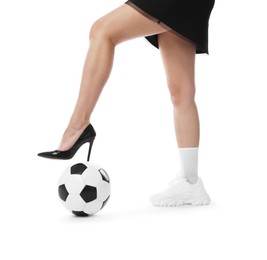 Photo of Woman in high heeled shoe and sneaker with soccer ball on white background, closeup