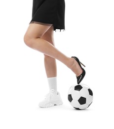Photo of Woman in high heeled shoe and sneaker with soccer ball on white background, closeup