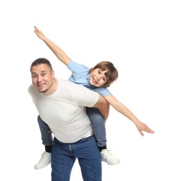 Photo of Father and his son having fun together on white background
