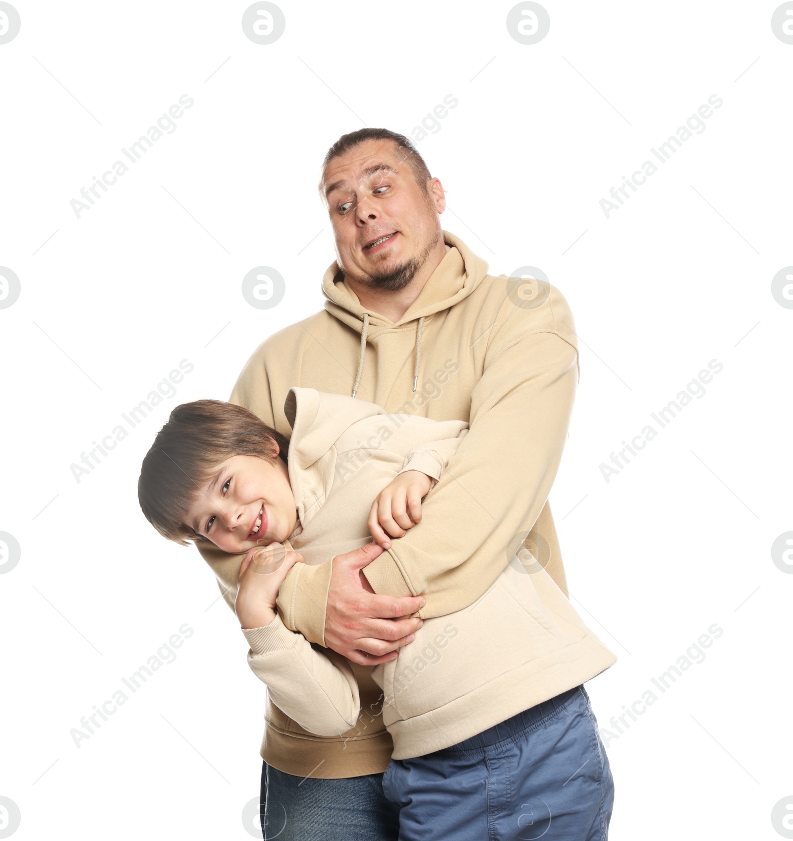 Father with his son on white background Photo of Father with his son on white background