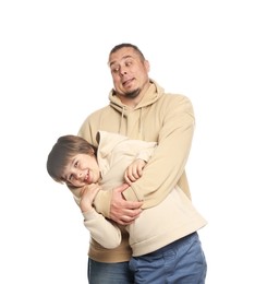 Photo of Father with his son on white background