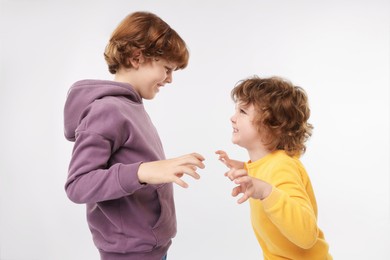 Photo of Cute little brothers having fun on white background