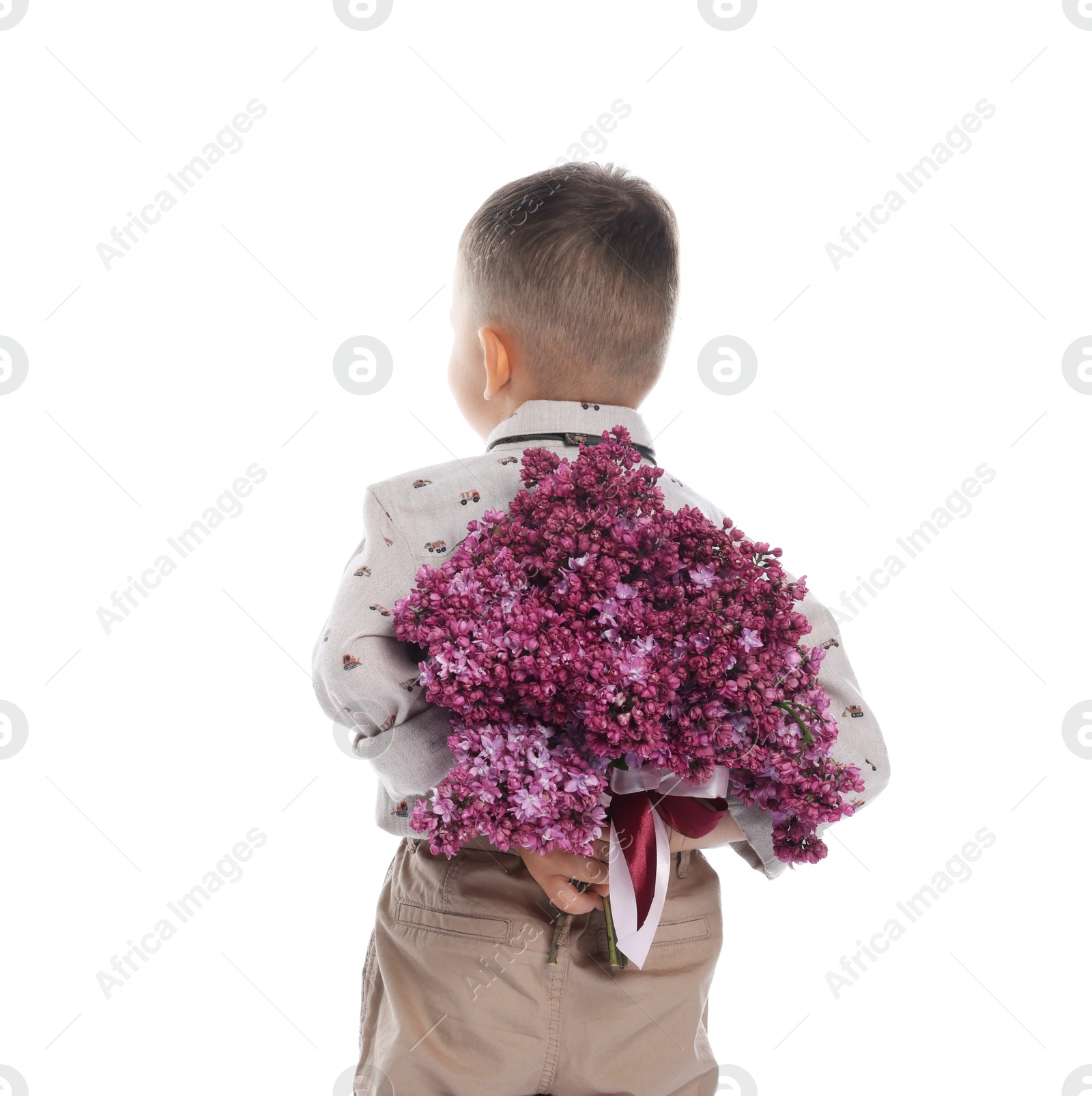 Little boy with bouquet of lilac flowers on white background, back view Photo of Little boy with bouquet of lilac flowers on white background, back view