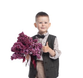 Photo of Little boy with bouquet of lilac flowers showing thumbs up on white background
