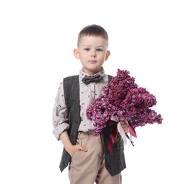 Photo of Little boy with bouquet of lilac flowers on white background