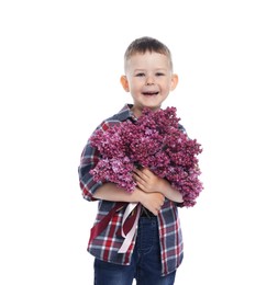 Photo of Little boy with bouquet of lilac flowers on white background