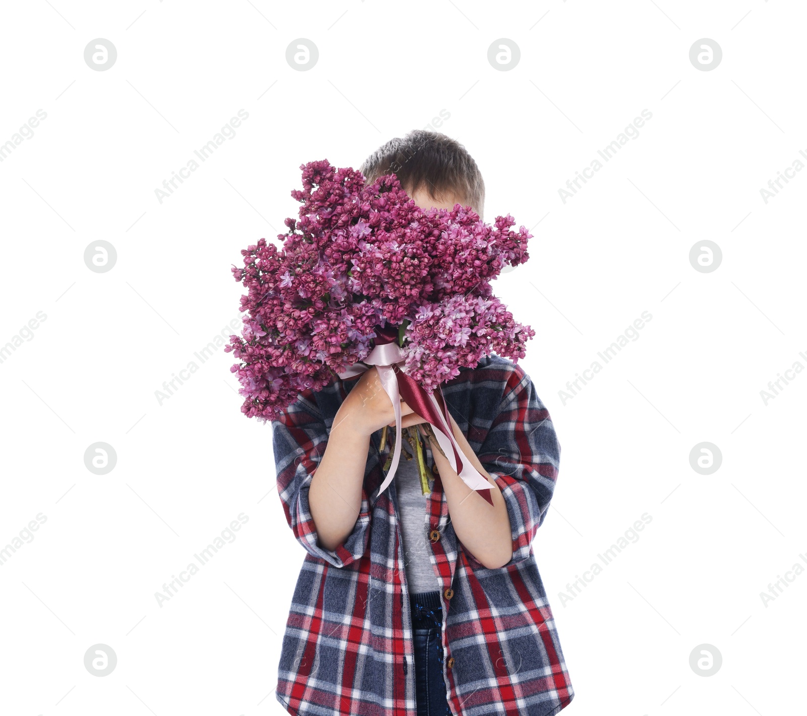Little boy with bouquet of lilac flowers on white background Photo of Little boy with bouquet of lilac flowers on white background