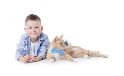 Photo of Little boy with her cute ginger cat on white background