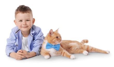 Photo of Little boy with her cute ginger cat on white background