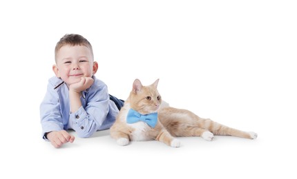 Photo of Little boy with her cute ginger cat on white background
