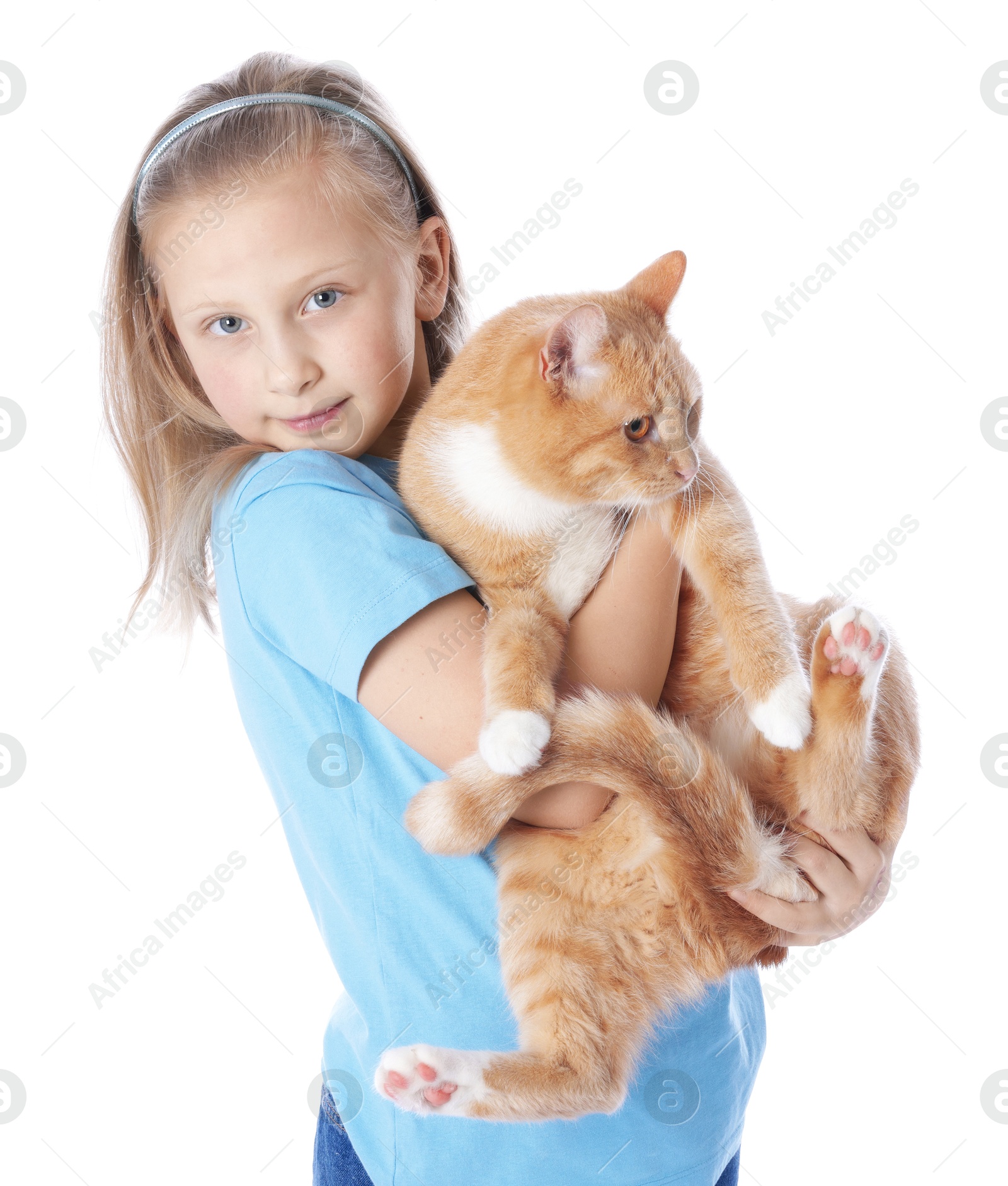 Little girl with her cute ginger cat on white background Photo of Little girl with her cute ginger cat on white background