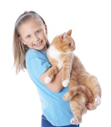 Photo of Little girl with her cute ginger cat on white background