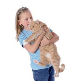 Photo of Little girl with her cute ginger cat on white background
