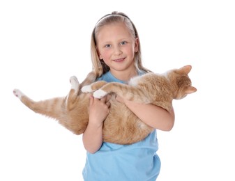 Photo of Little girl with her cute ginger cat on white background