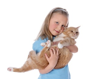 Photo of Little girl with her cute ginger cat on white background