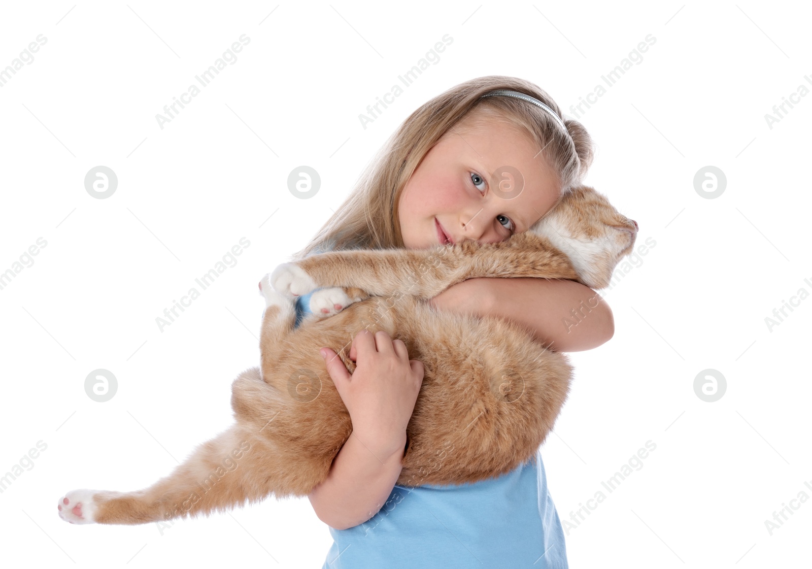Little girl with her cute ginger cat on white background Photo of Little girl with her cute ginger cat on white background