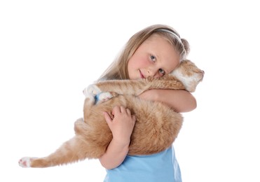 Photo of Little girl with her cute ginger cat on white background