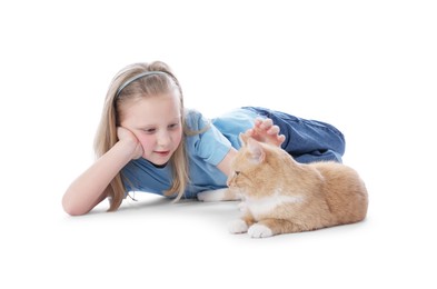Photo of Little girl with her cute ginger cat on white background