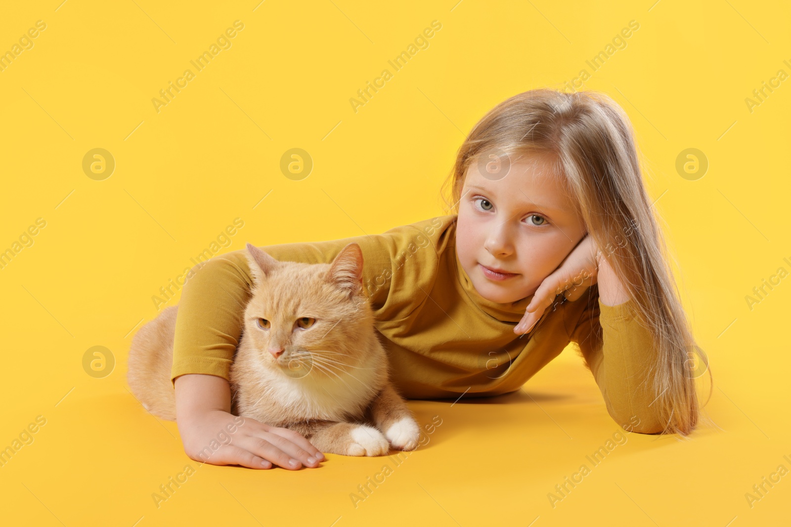 Little girl with her cute ginger cat on yellow background Photo of Little girl with her cute ginger cat on yellow background
