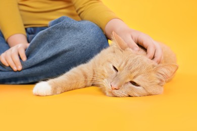 Photo of Little girl with her cute ginger cat on yellow background, closeup