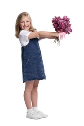 Photo of Little girl with bouquet of lilac flowers on white background
