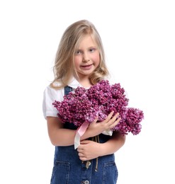 Photo of Little girl with bouquet of lilac flowers on white background